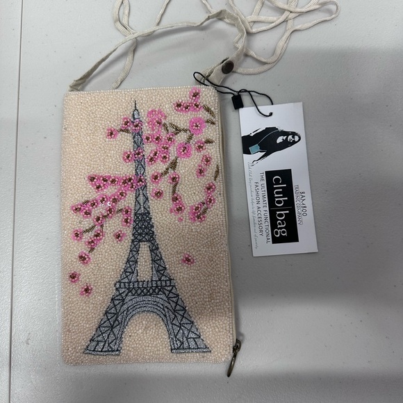 Bamboo Trading Co Handbags - Pink and Cream Eiffel Tower Beaded Bag NEW Clutch Crossbody